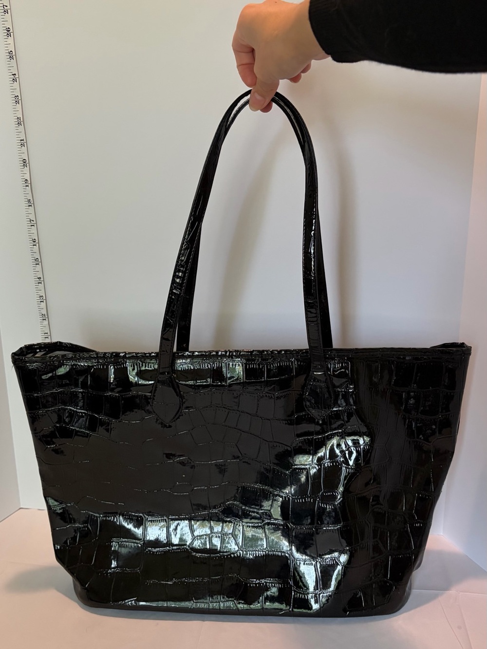 Braciano Croc-Embossed Black Tote Bag With Zebra Print Lining